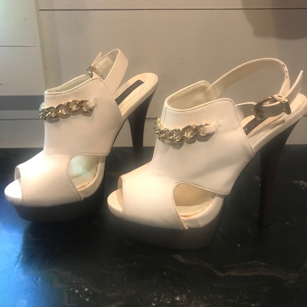 White leather and gold chain heels